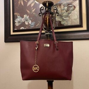Michael Kors Burgundy Tote Bag with Signature MK Charm
